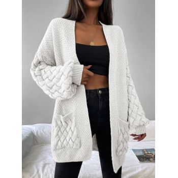 Cardigan din tricot, cu buzunare, alb, dama, Shein