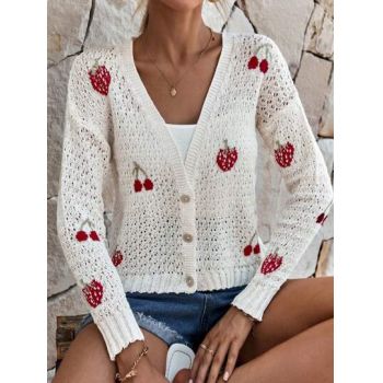 Cardigan din tricot, cu nasturi si decolteu, alb, dama, Shein