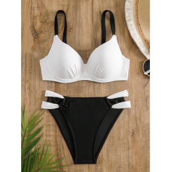 Costum de baie, sutien cu bretele si bikini, negru, dama, Shein