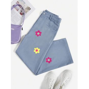 Pantaloni drepti, cu imprimeu floral, albastru, dama, Shein
