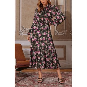 Rochie maxi, cu imprimeu floral si maneca lunga, negru, dama, Shein la reducere