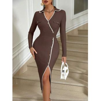 Rochie midi, cu slit si decolteu, maro, dama, Shein la reducere