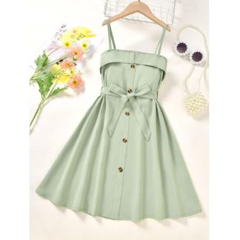 Rochie mini, cu bretele si cordon, verde, fete, Shein