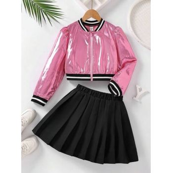 Set jacheta cu fermoar si fusta mini, plisata, roz, fete, shein ieftin