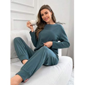 Set pijama, bluza si pantaloni lungi, albastru, dama, Shein