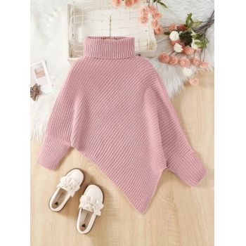 Pulover din tricot, asimetric, cu guler inalt, roz, fete, Shein la reducere