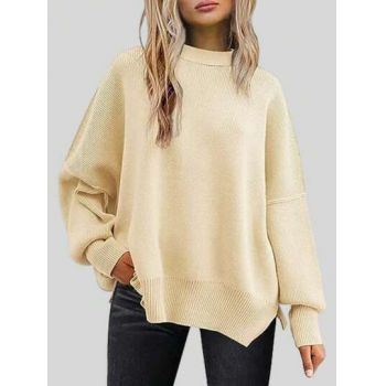 Pulover din tricot, oversized, cu guler, crem, dama, Shein