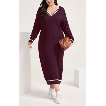 Rochie maxi, cu decolteu si maneca lunga, visiniu, dama, Shein la reducere