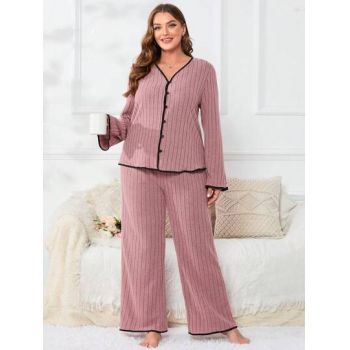 Set pijama, bluza cu nasturi si pantaloni largi, roz, dama Shein de firma originale