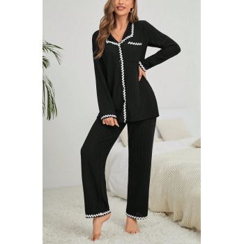 Set pijama, camasa cu nasturi si pantaloni lungi, negru, dama, Shein