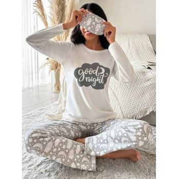 Set pijama cu imprimeu, bluza si pantaloni lunfi, gri, dama, shein