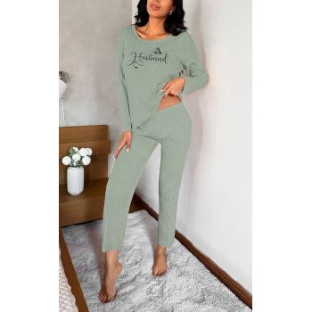 Set pijama cu imprimeu scris, bluza si pantaloni, verde, dama, Shein