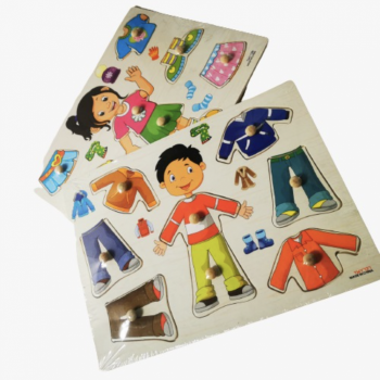 Set Puzzle Incastru Imbraca baiatul si fetita , cu Buton si Imagini, din lemn