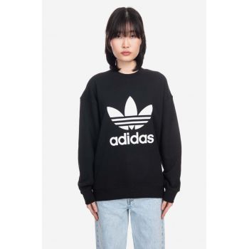 adidas Originals hanorac de bumbac Trefoil Crew femei, culoarea negru, cu glugă, cu imprimeu IB7431-black