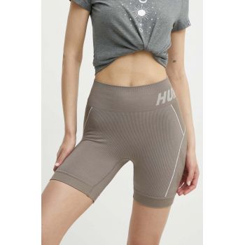 Hummel pantaloni scurți de antrenament Christel culoarea maro, cu imprimeu, high waist, 213755