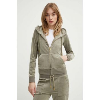 Juicy Couture bluză din velur culoarea verde, cu glugă, neted, JCAP176G