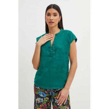 Medicine bluza din in femei, culoarea verde, neted