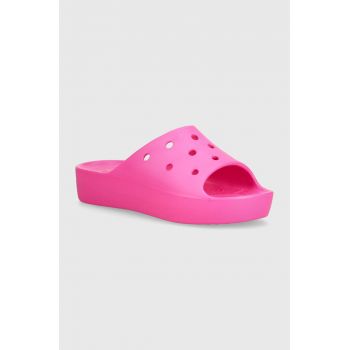 Crocs papuci Classic Platform Slide femei, culoarea roz, cu platforma, 208180