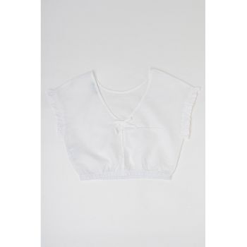 Bluza crop din amestec de in si bumbac cu maneci scurte la reducere