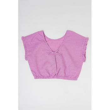 Bluza crop din amestec de in si bumbac cu maneci scurte la reducere