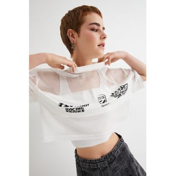 Tricou crop lejer de plasa cu imprimeu