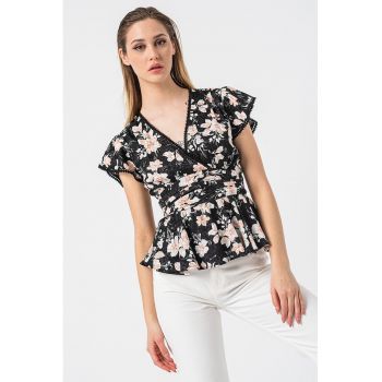 Bluza cu imprimeu floral si decolteu cache-coeur