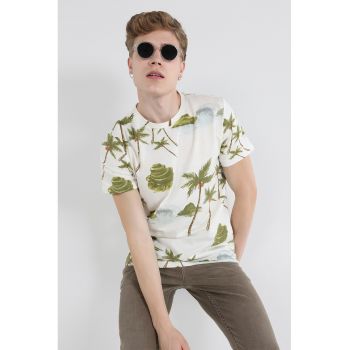 Tricou din bumbac cu decolteu la baza gatului si imprimeu tropical