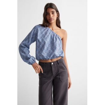 Bluza crop cu decolteu pe un umar si imprimu Atenast