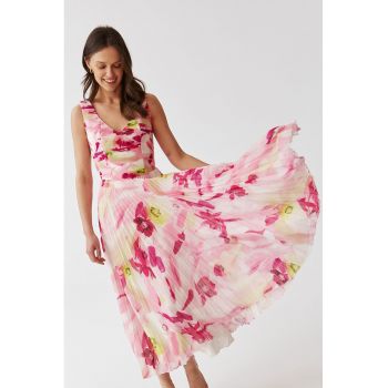 Rochie midi cu model floral si pliuri