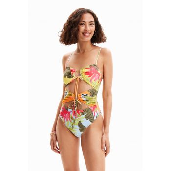 Costum de baie cu imprimeu tropical si decupaje