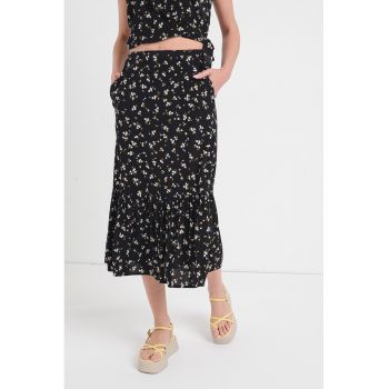 Fusta midi cu model floral si buzunare laterale la reducere