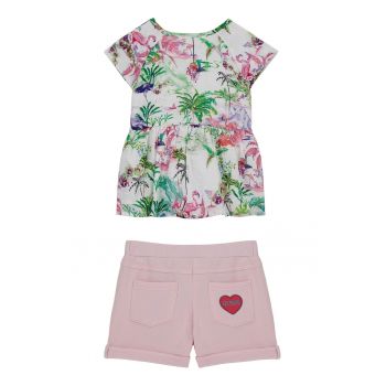 Set din bumbac de pantaloni scurti si bluza cu maneci scurte evazate cu imprimeu tropical - 2 piese