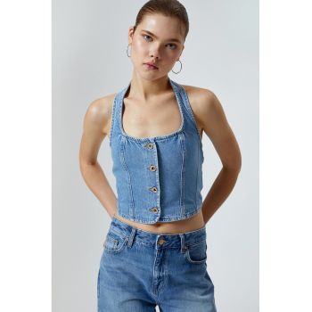 Top halter de denim la reducere