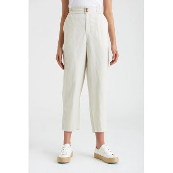 Pantaloni crop din amestec de in cu banda elastica in talie