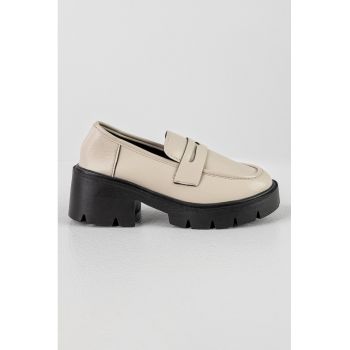 Pantofi loafer de piele ecologica cu toc masiv