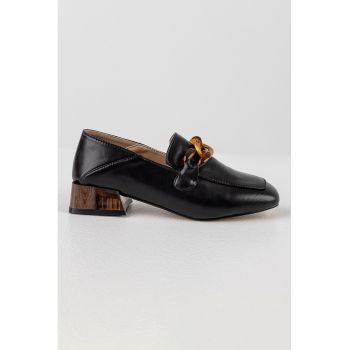 Pantofi loafer de piele ecologica cu toc patrat