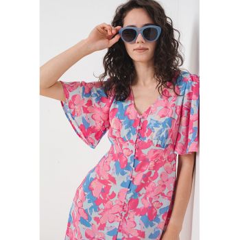 Rochie cu decolteu in V si imprimeu floral Lalva