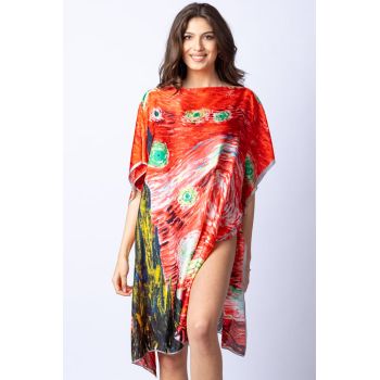 Rochie de plaja tip poncho din matase cu stilizare   Noaptea Instelata   pe fond rosu