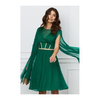 Rochie Leonard Collection verde din matase cu broderie aurie pe bust