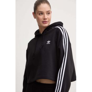 adidas Originals bluză Adicolor Classics Crop Hoodie femei, culoarea negru, cu glugă, cu imprimeu IB7388