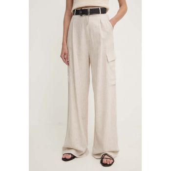 Answear Lab pantaloni din in culoarea bej, lat, high waist