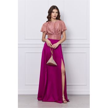 Rochie DY Fashion fucsia lunga cu bust din fir lurex si crepeu maxi