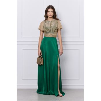 Rochie DY Fashion verde lunga cu bust din fir lurex si crepeu maxi