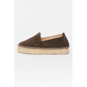 Espadrile flatform de piele intoarsa cu aplicatie impletita de iuta