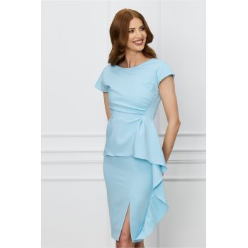 Rochie bleu cu peplum si volan pe fusta