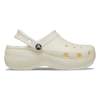 Saboți Crocs Women's Classic Platform Glitter Clog Alb - Chalk