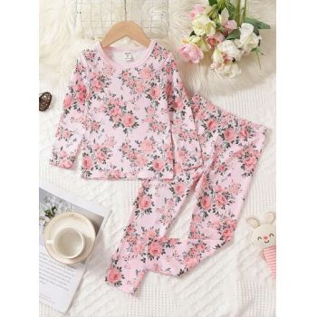 Set pijama cu imprimeu floral, bluza si pantaloni lungi, roz, fete, Shein