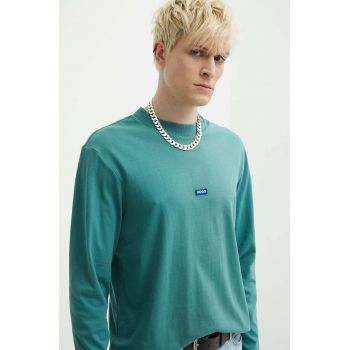 Hugo Blue longsleeve din bumbac culoarea verde, cu imprimeu, 50519962