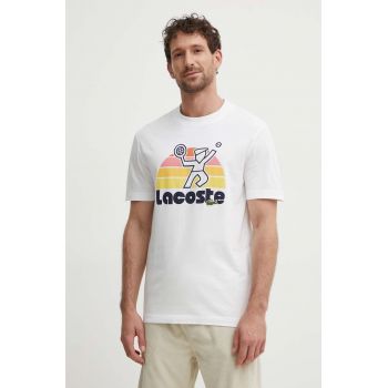 Lacoste tricou din bumbac barbati, culoarea alb, cu imprimeu