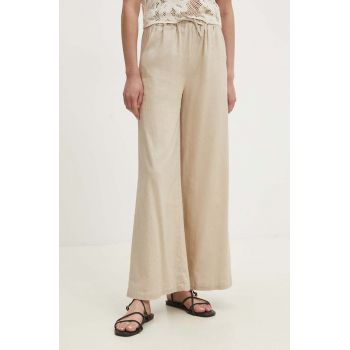 Answear Lab pantaloni din in culoarea bej, lat, high waist